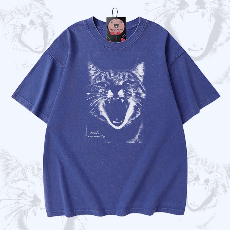 Modakawa Unisex Vintage T-Shirt mit schreiender Katze (Modakawa-Motiv) - Blue - 5XL - image 2
