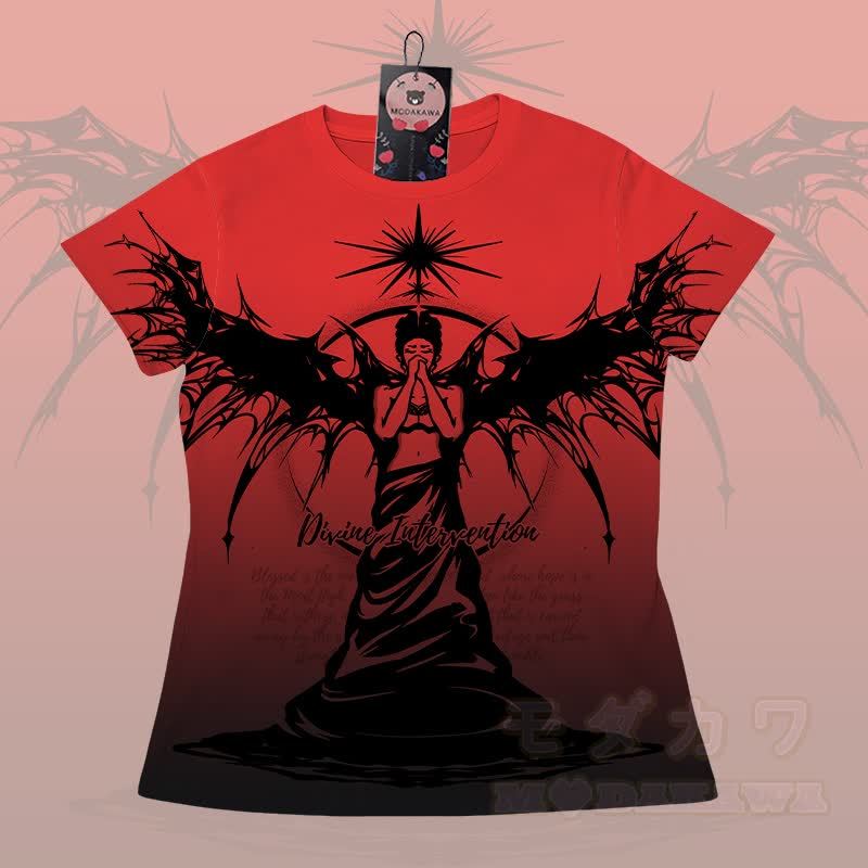 GÖTTLICHE INTERVENTION Engel Grafik Gradient T-Shirt Shorts Modakawa passendes Outfit - Rotes T-Shirt - 5XL - image 6