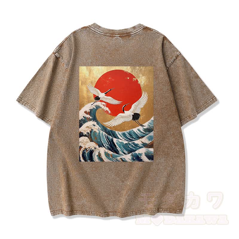 MODAKAWA Ocean Waves Grafik Vintage Washed 100% Baumwolle T-Shirt - Braun - 3XL - image 7