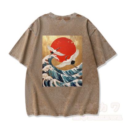 MODAKAWA Ocean Waves Grafik Vintage Washed 100% Baumwolle T-Shirt - Braun - 3XL - image 7