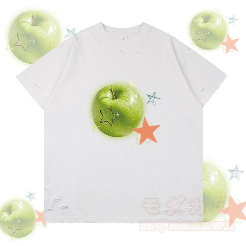 Grünes Apfelstern-Grafik-Modakawa-Zerrissenes T-Shirt - Weiß - 2XL - image 3