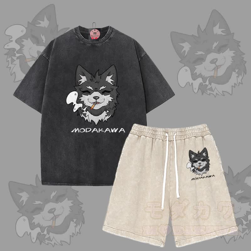 MODAKAWA Smoking Puppy Grafik Vintage Washed T-Shirt Shorts Zweiteiliges Set - Schwarz & Aprikose - 3XL - image 4