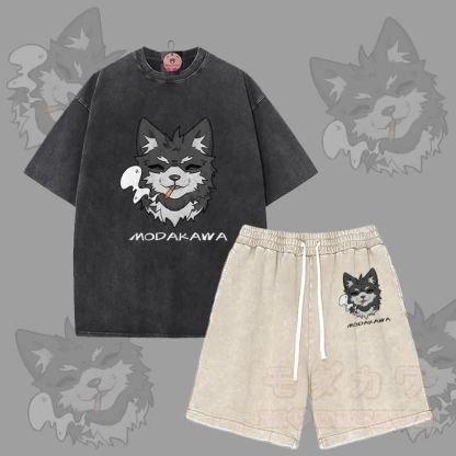 MODAKAWA Smoking Puppy Grafik Vintage Washed T-Shirt Shorts Zweiteiliges Set - Schwarz & Aprikose - 3XL - image 4