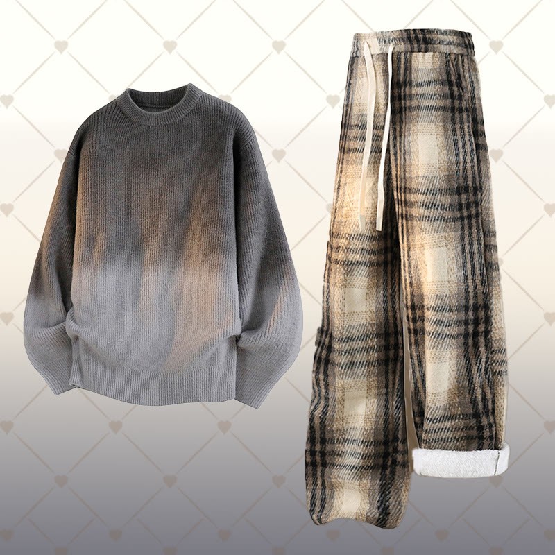 Zweiteiliger Strickpullover mit Farbverlauf und karierte, fleecegefütterte Hose - Set C - 2XL - image 3