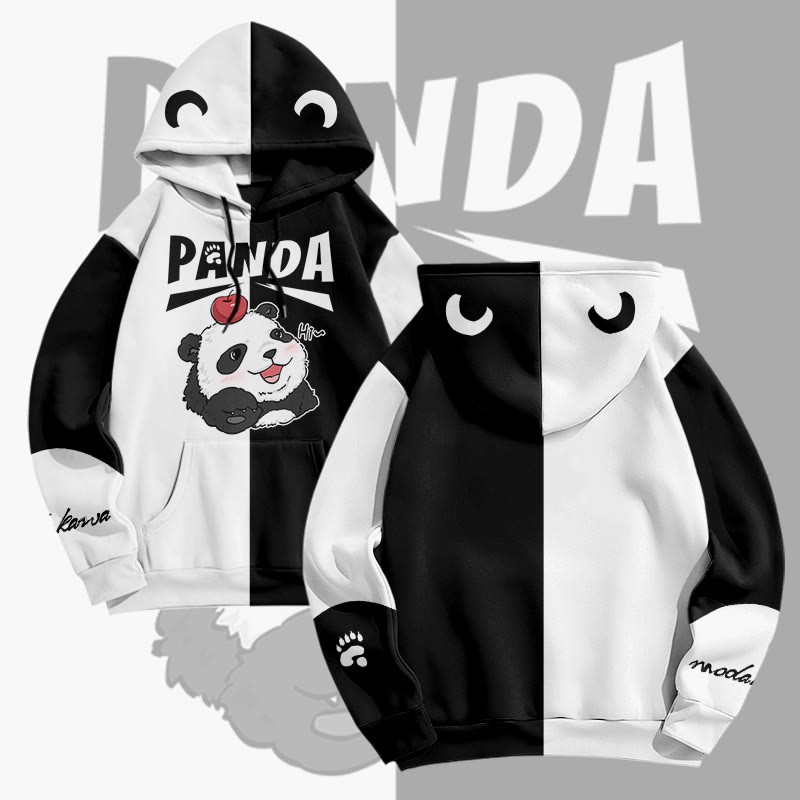 MODAKAWA Pullover-Hoodie mit Panda- und Apfelmotiv und Allover-Print - White&Black - 8XL - image 3