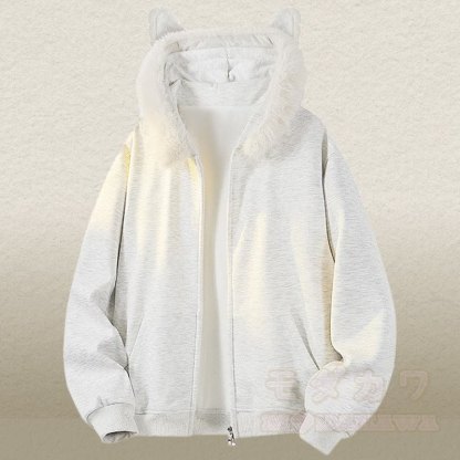 Zweiteiliger Hoodie mit Tierohren, Fleece-Futter, Reißverschluss und Jeans - Grauer Hoodie - 2XL - image 6
