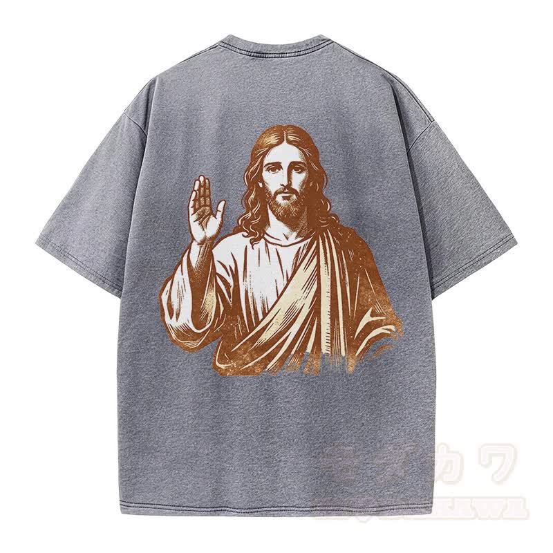 Modakawa Vintage-T-Shirt aus 100 % Baumwolle mit Kreuzporträt-Grafik - image 4