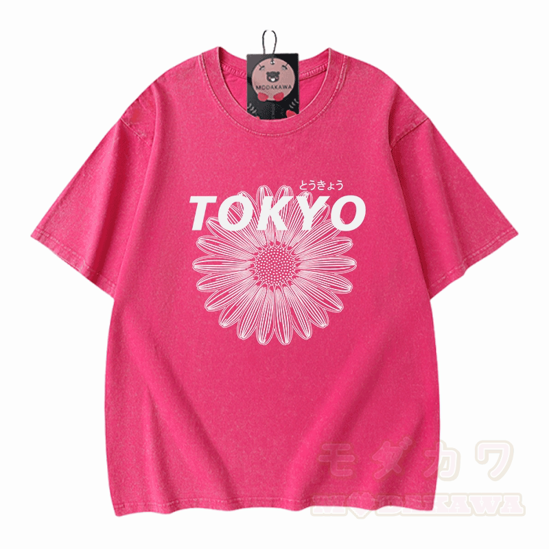 TOKYO Blumengrafik Modakawa Vintage gewaschenes T-Shirt aus 100% Baumwolle - Rosenrot - 5XL - image 5