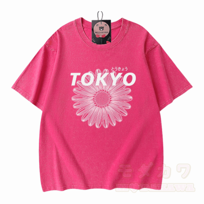 TOKYO Blumengrafik Modakawa Vintage gewaschenes T-Shirt aus 100% Baumwolle - Rosenrot - 5XL - image 5
