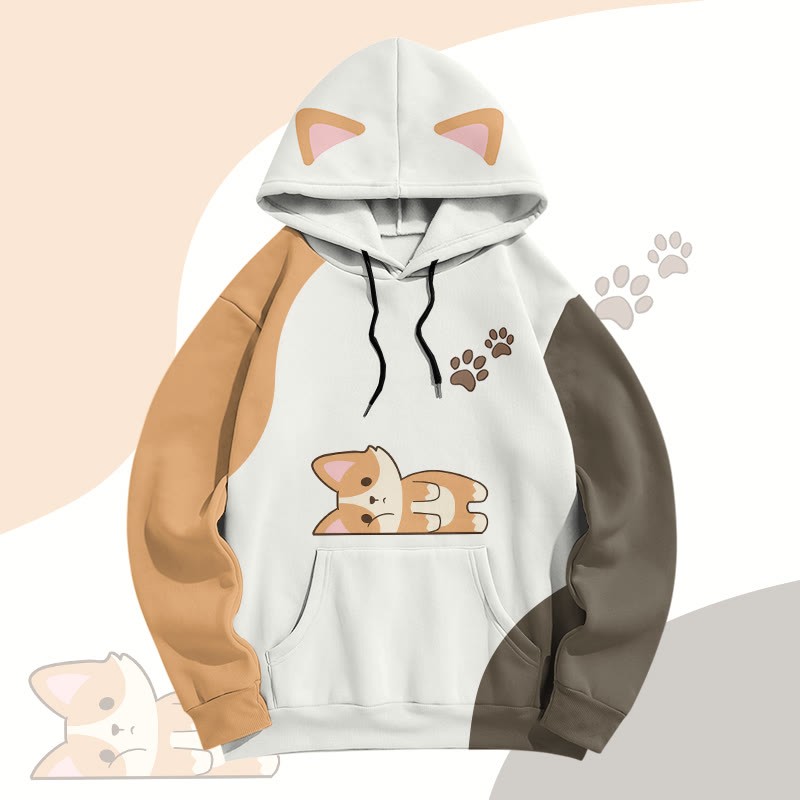 MODAKAWA Farben Block Pullover Hoodie mit Fuchs-Print und Allover-Grafik. - Beige - 8XL - image 2