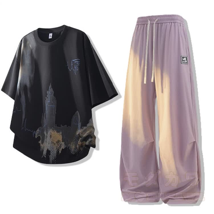 Set aus Oversize-T-Shirt mit City-Grafik und weitem Hosenbein - Set E【Schwarzes T-Shirt + Lila Hose】 - 4XL - image 6