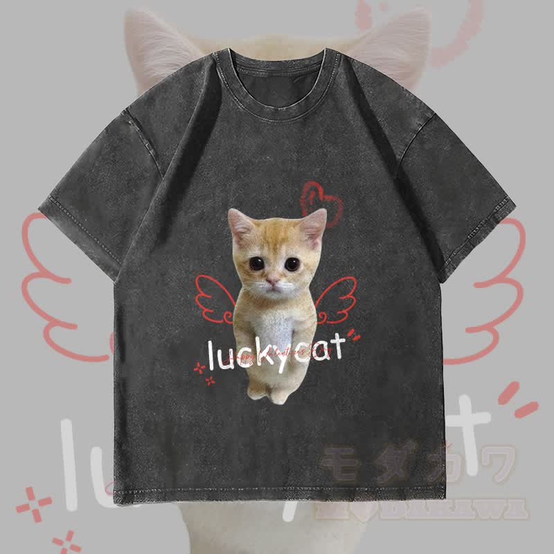 MODAKAWA LUCKY CAT Engelkatze Grafik Unisex Vintage Washed T-Shirt - Schwarz - 4XL - image 4