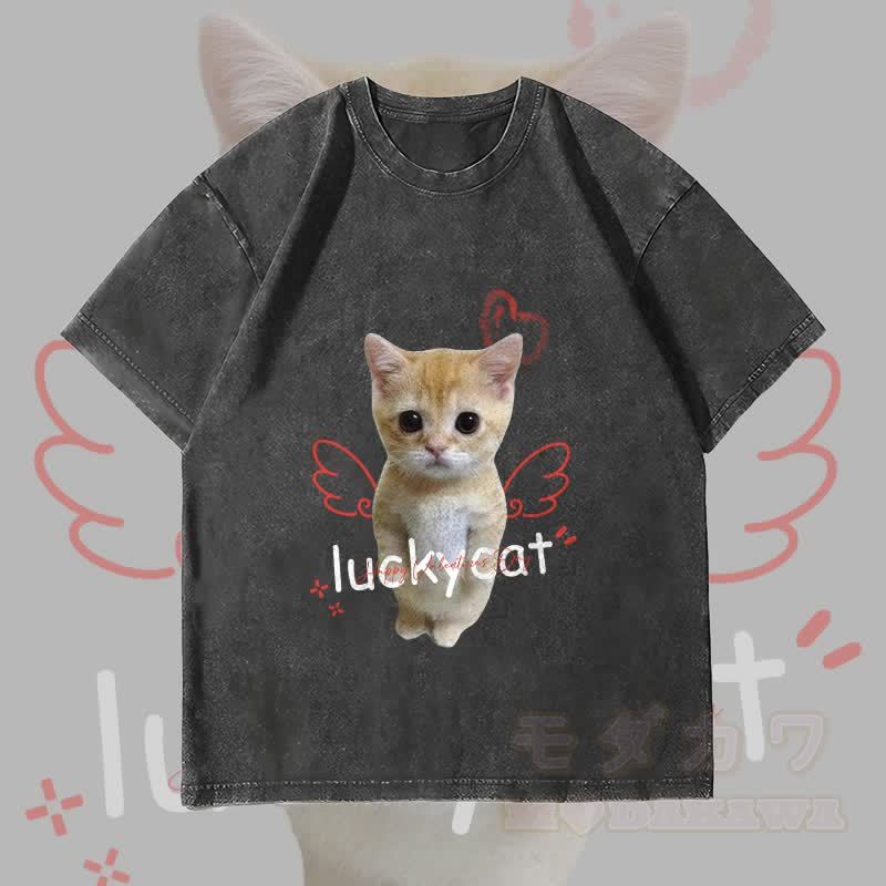 MODAKAWA LUCKY CAT Engelkatze Grafik Unisex Vintage Washed T-Shirt - Schwarz - 4XL - image 4