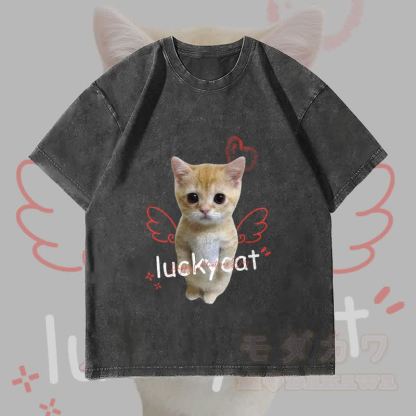 MODAKAWA LUCKY CAT Engelkatze Grafik Unisex Vintage Washed T-Shirt - Schwarz - 4XL - image 4