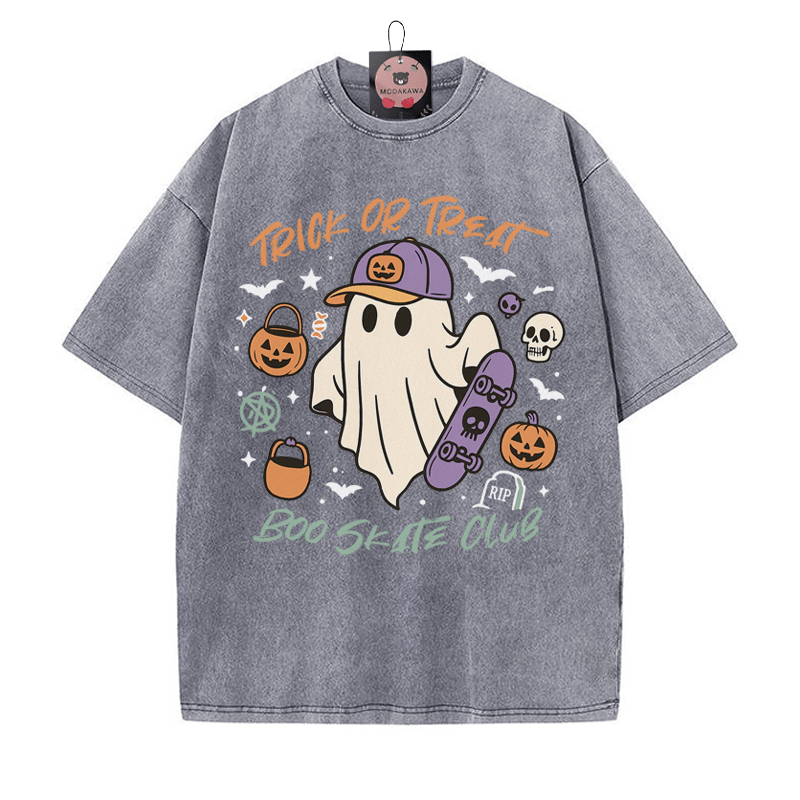 TRICK OR TREAT BOO SKATE CLUB Skateboarding Ghost Grafik Unisex Vintage gewaschenes T-Shirt - Grau - 5XL - image 4