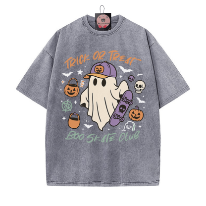 TRICK OR TREAT BOO SKATE CLUB Skateboarding Ghost Grafik Unisex Vintage gewaschenes T-Shirt - Grau - 5XL - image 4