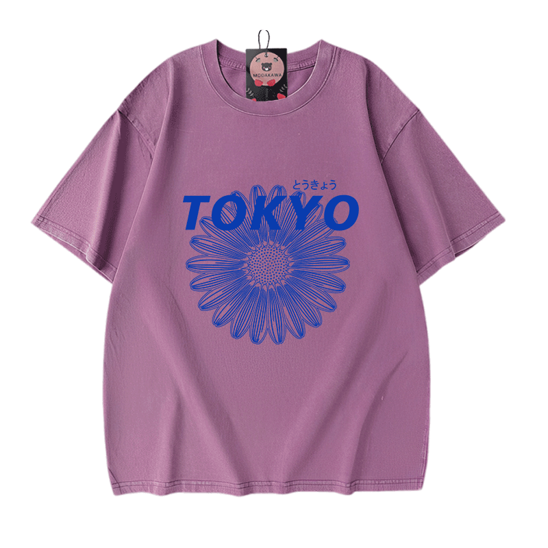 TOKYO Blumengrafik Modakawa Vintage gewaschenes T-Shirt aus 100% Baumwolle - Purple - 5XL - image 6