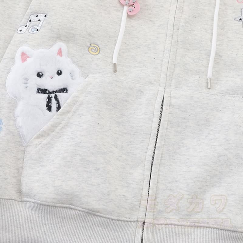 Hochwertige, strapazierfähige Kapuzenjacke mit Kawaii-Katzenstickerei und Reißverschluss, verziert mit einem Reißverschluss und Kawaii-Katzenstickerei - image 4