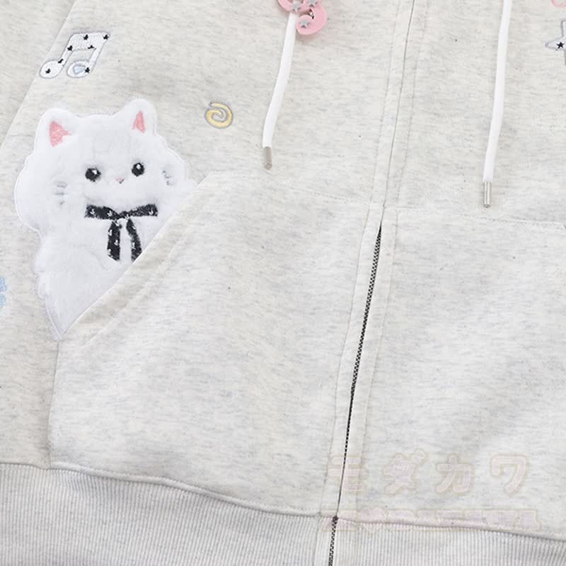Hochwertige, strapazierfähige Kapuzenjacke mit Kawaii-Katzenstickerei und Reißverschluss, verziert mit einem Reißverschluss und Kawaii-Katzenstickerei - image 4