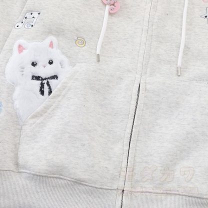 Hochwertige, strapazierfähige Kapuzenjacke mit Kawaii-Katzenstickerei und Reißverschluss, verziert mit einem Reißverschluss und Kawaii-Katzenstickerei - image 4