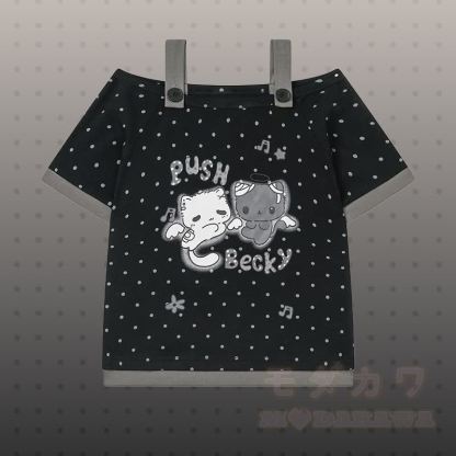 Polka Dot Cat Graphic Top Kitty Gingham Shorts Modakawa Matching Outfit - Schwarzes Oberteil - L - image 6