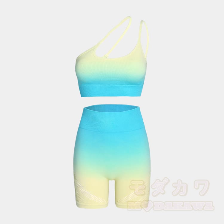 Zweiteiliges Set: Sporttop mit Farbverlauf und asymmetrischer Schulterpartie, Shorts und Top mit Farbverlauf - Blaues Set - L - image 9