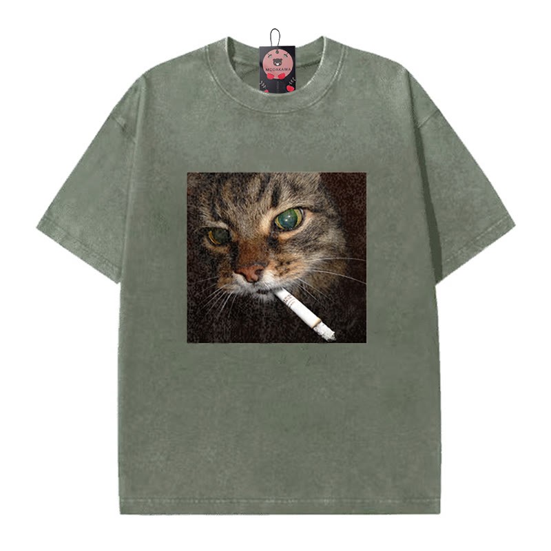 Unisex-T-Shirt mit Raucherkatzen-Motiv im Vintage-Stil - Green - 5XL - image 5