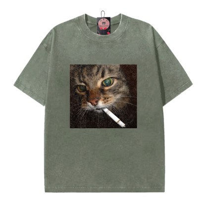 Unisex-T-Shirt mit Raucherkatzen-Motiv im Vintage-Stil - Green - 5XL - image 5