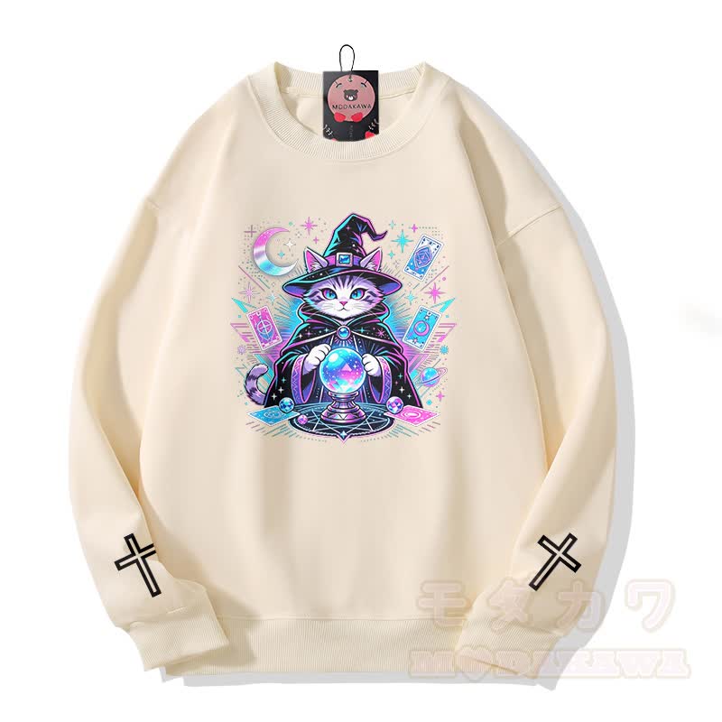 Tarot Hexe Katze Kreuz Grafik Modakawa Sweatshirt - Beige - 5XL - image 3