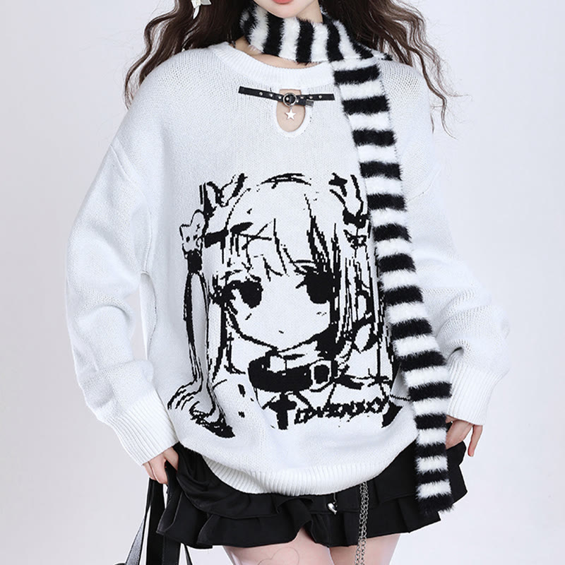 Lockerer Pullover mit Schal und Cartoon-Mädchen-Print - image 4