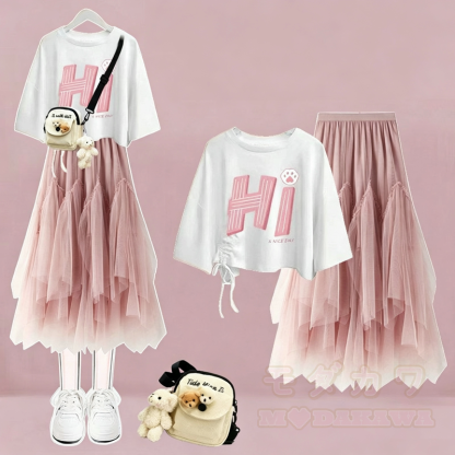 Zweiteiliges Set aus bedrucktem Kurzarm-T-Shirt im College-Stil und asymmetrischem Tüllrock - Pinkes Set B - XL - image 7