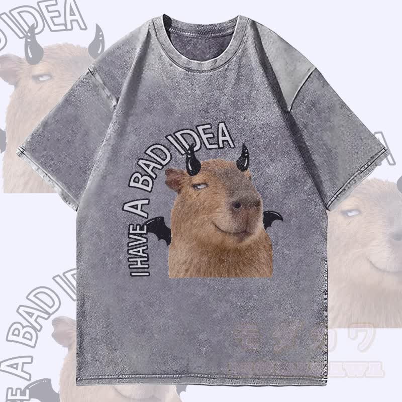 MODAKAWA ICH HABE EINE SCHLECHTE IDEE Teufels-Capybara-Grafik Unisex Vintage Washed T-Shirt - Grau - 4XL - image 3