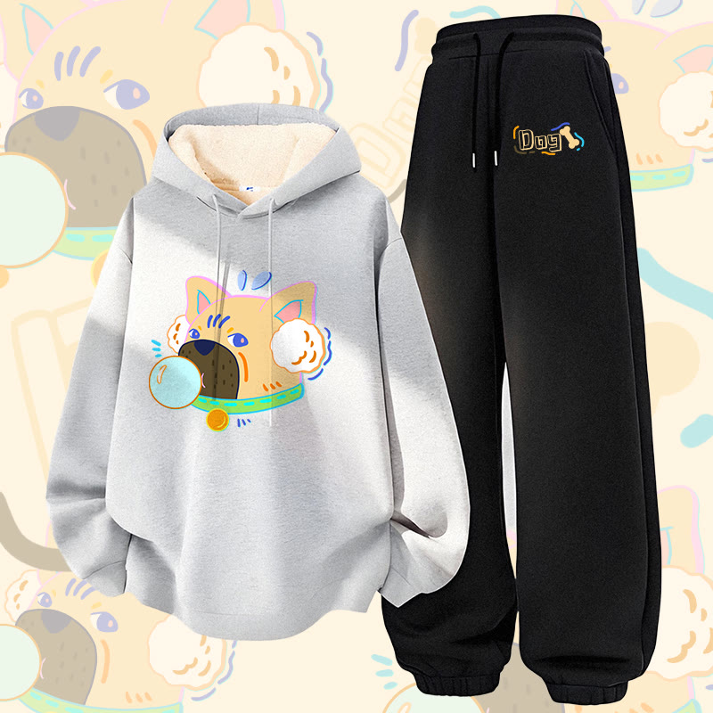 MODAKAWA Zweiteiliges Set aus Kapuzenpullover und Hose mit Bubble-Dog-Motiv, dick mit Fleece gefüttert - Grey&Black - 5XL - image 2