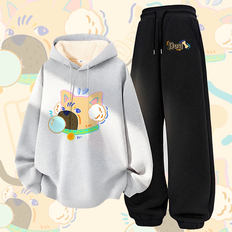 MODAKAWA Zweiteiliges Set aus Kapuzenpullover und Hose mit Bubble-Dog-Motiv, dick mit Fleece gefüttert - Grey&Black - 5XL - image 2