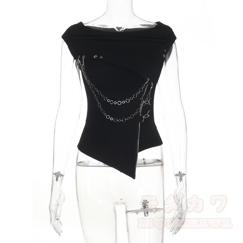 Ärmelloses Top im Gothic-Stil mit drapiertem Kragen und Metallkettenverzierung - image 6