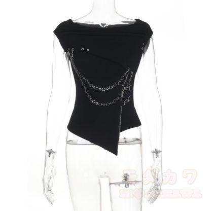Ärmelloses Top im Gothic-Stil mit drapiertem Kragen und Metallkettenverzierung - image 6