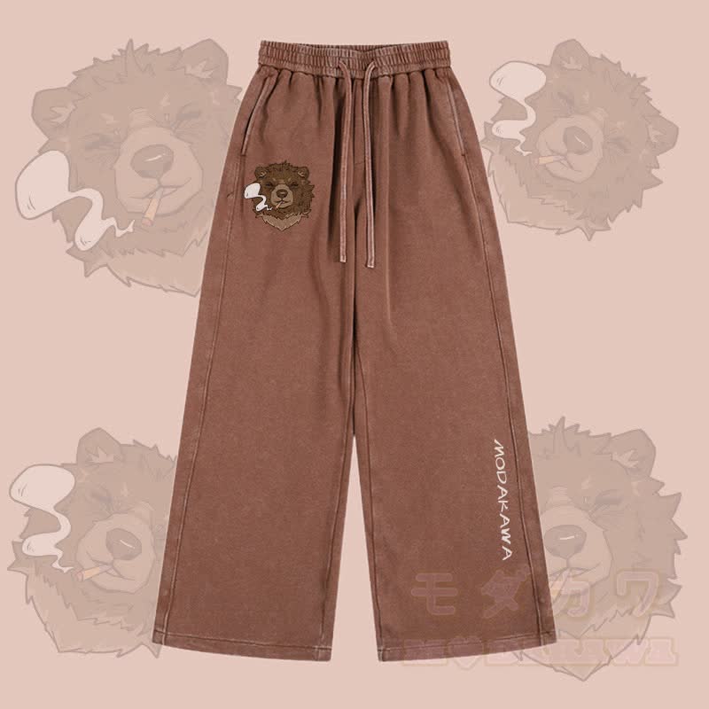 MODAKAWA Smoking Bear Graphic Vintage Washed Adjustable Hem Pants - Braun - 2XL - image 3