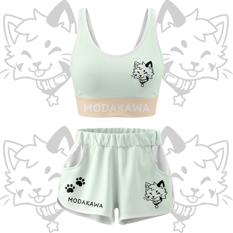 Kitty Graphic Crop Tank Sport Top Shorts Bikini Modakawa Matching Outfit - Green Set - 5XL - image 14