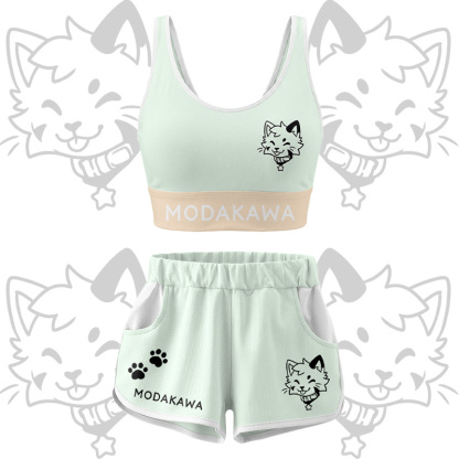 Kitty Graphic Crop Tank Sport Top Shorts Bikini Modakawa Matching Outfit - Green Set - 5XL - image 14