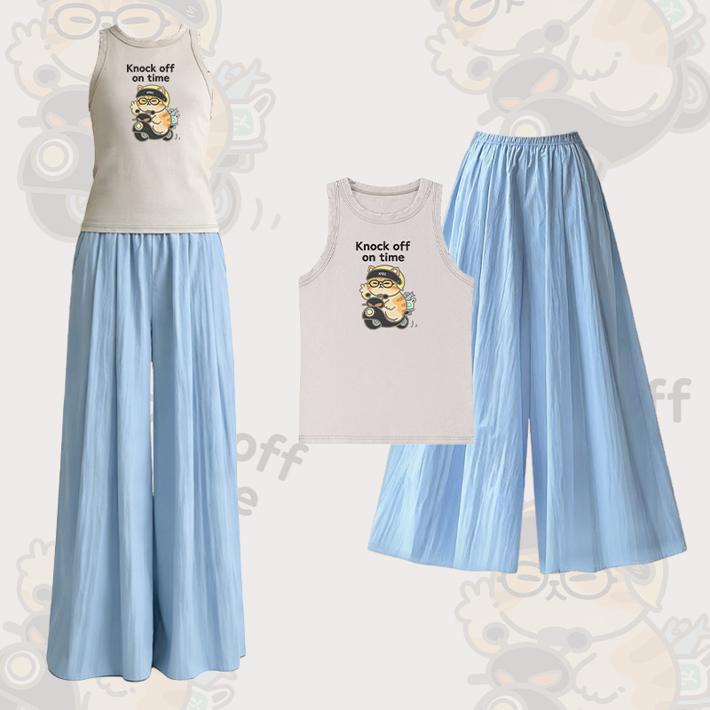 Modakawa Zweiteiler-Set mit Katzenmotiv im Vintage-Waschungs-Look, ärmellosem T-Shirt und weiten Hosen - Set B - L - image 2