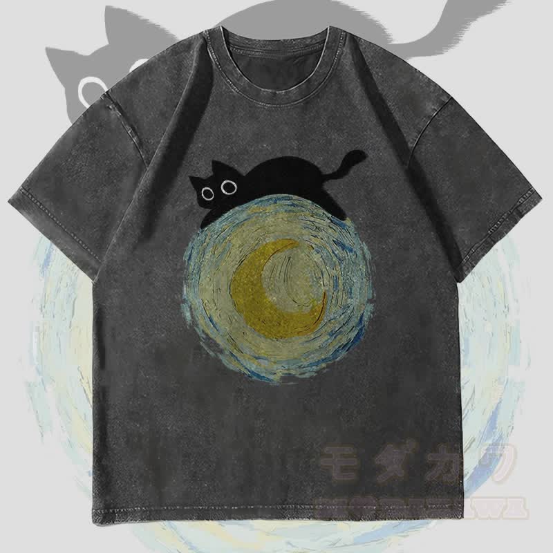 MODAKAWA Schwarze Katze auf dem Mond Grafik Unisex Vintage Washed T-Shirt - Schwarz - 4XL - image 4