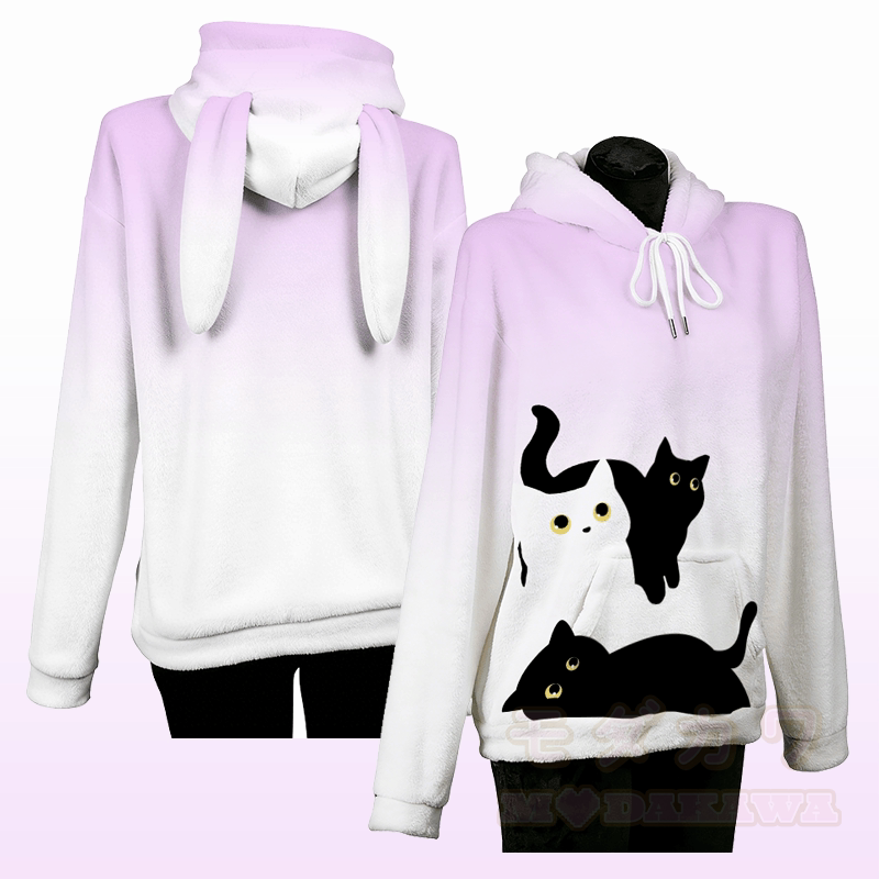 MODAKAWA Gradient Curious Cat Grafik-Plüschhoodie mit Hasenohren - Lila - 4XL - image 4