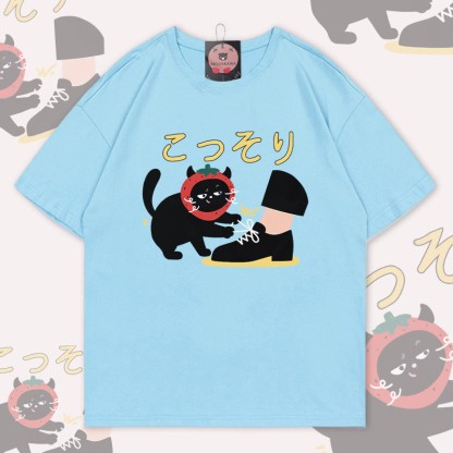 Modakawa T-Shirt mit Erdbeer-Schuhen-Katzenmotiv, 100 % Baumwolle - Sky Blue - 5XL - image 4