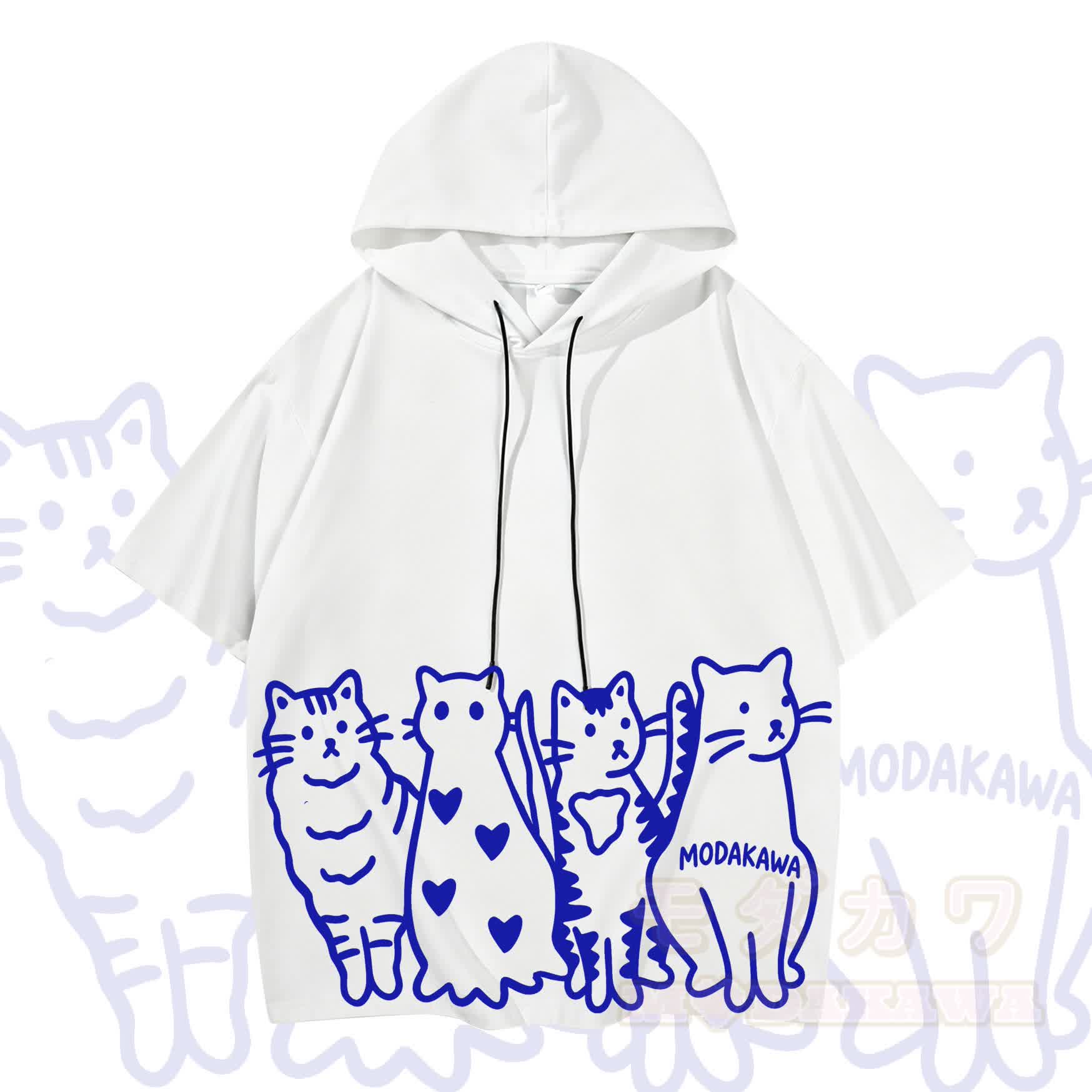 MODAKAWA Kurzarm-Hoodie mit verspieltem Katzenprint - Weiß & Blau - 3XL - image 10
