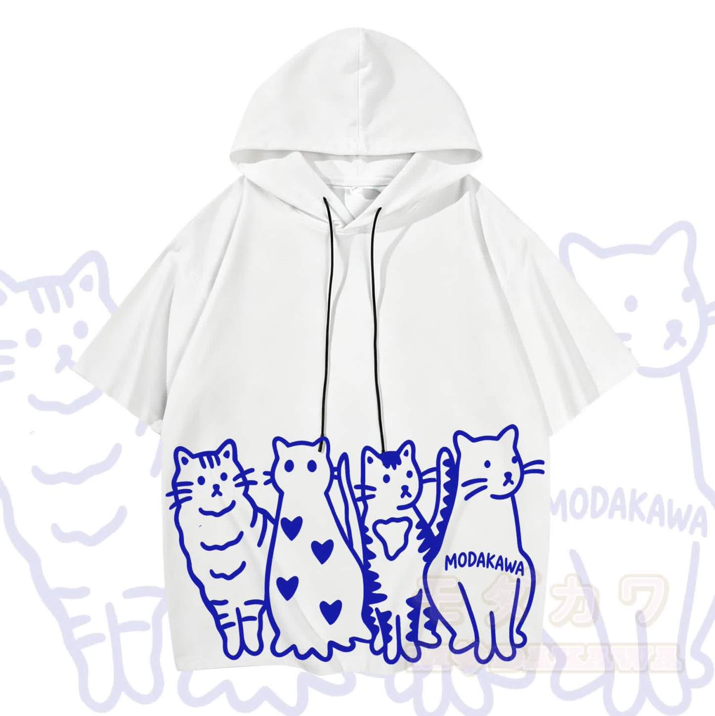 MODAKAWA Kurzarm-Hoodie mit verspieltem Katzenprint - Weiß & Blau - 3XL - image 10