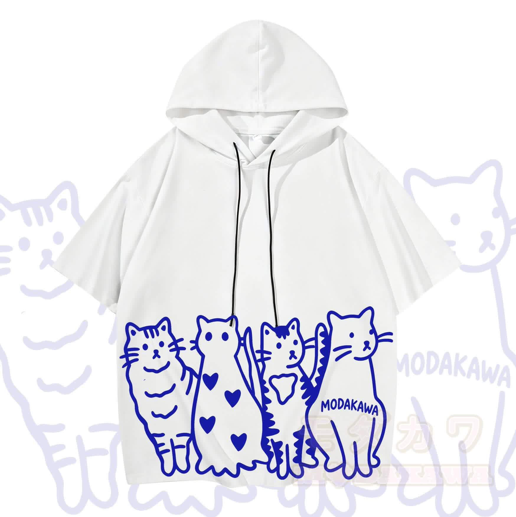 MODAKAWA Kurzarm-Hoodie mit verspieltem Katzenprint - Weiß & Blau - 3XL - image 10