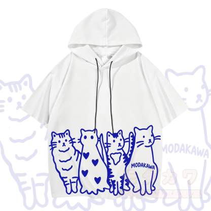 MODAKAWA Kurzarm-Hoodie mit verspieltem Katzenprint - Weiß & Blau - 3XL - image 10