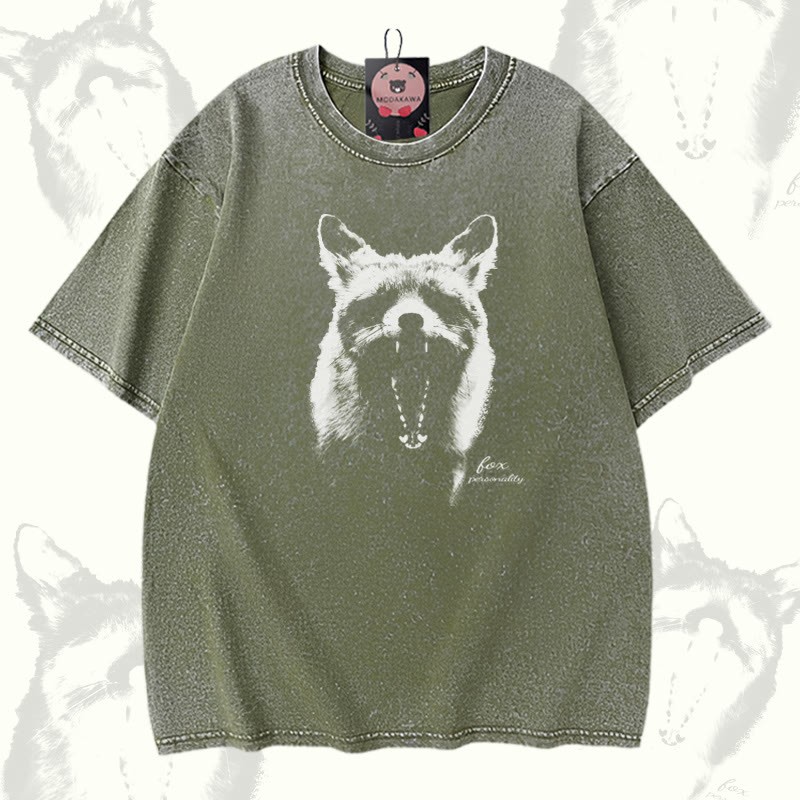 Modakawa Unisex Vintage Washed T-Shirt mit Roaring Fox Grafik - Green - 5XL - image 4