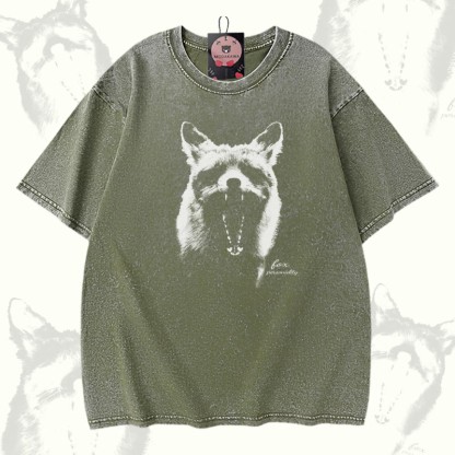 Modakawa Unisex Vintage Washed T-Shirt mit Roaring Fox Grafik - Green - 5XL - image 4