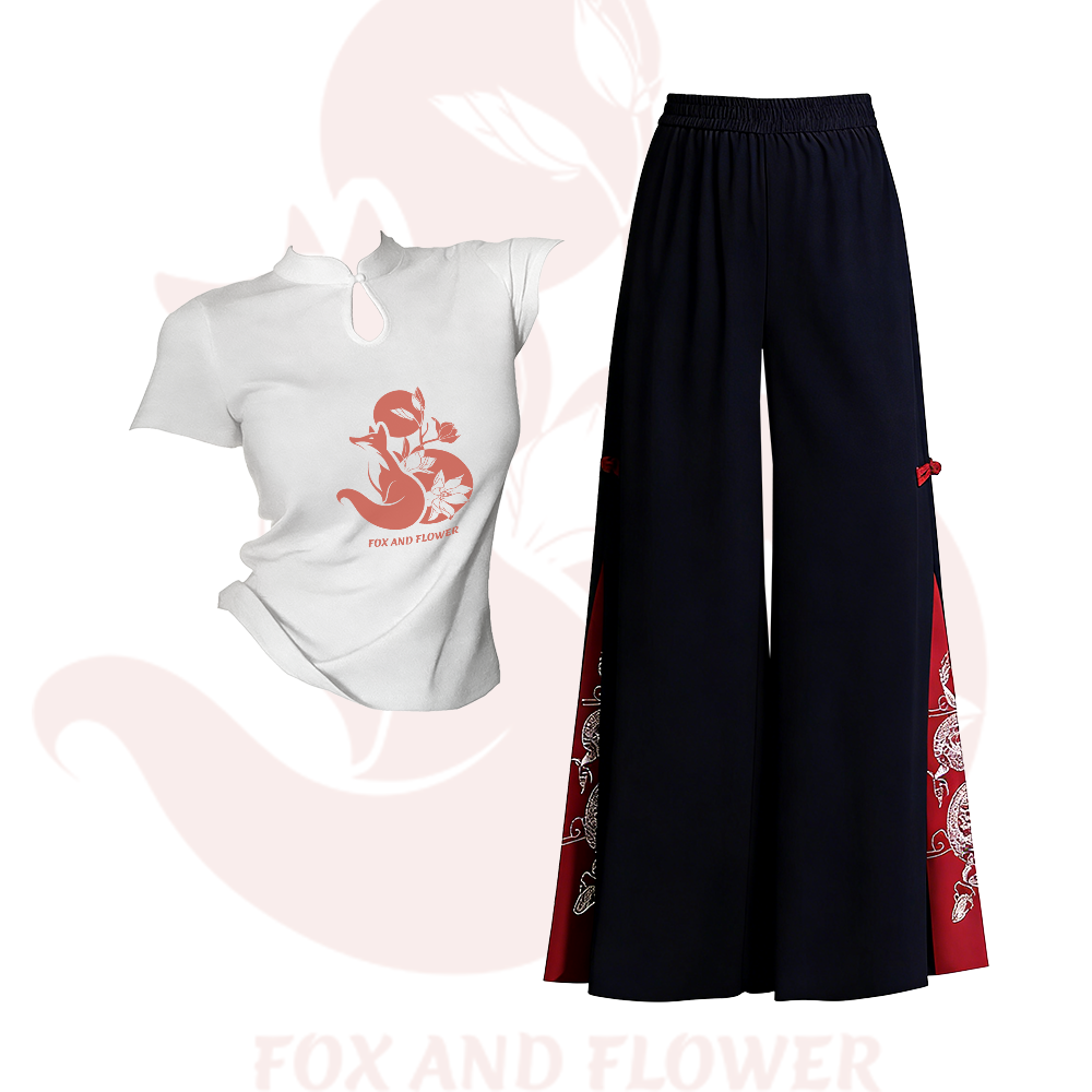 Zweiteiliges Set von Modakawa: T-Shirt mit Fuchsmotiv und Schnalle, bestickte, ethnisch anmutende Hose mit weitem Bein - Set B - L - image 2